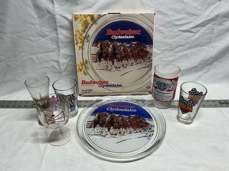 Budweiser platter, glasses, etc.