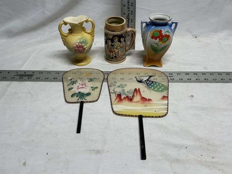 Vases, stein, fans