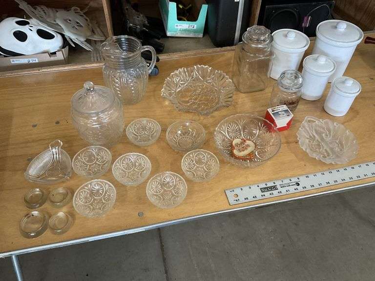 Canisters and assorted glassware, etc.