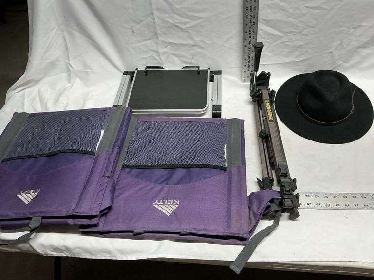 Stadium seats, tripod, hat & laptop desk