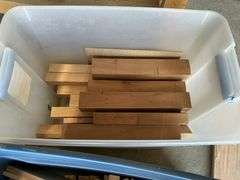 Assorted oak etc wood on table and in totes