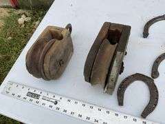 2- wooden pulleys and vintage horseshoes