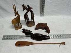 Carved wood animals, ducks, etc