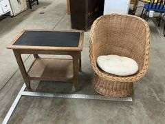 Table and wicker chair