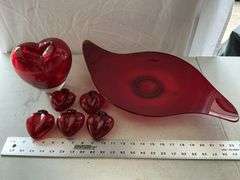 Red glass hearts & platter