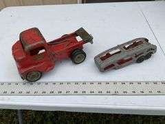 Vintage Tonka truck and Hubley transport trailer