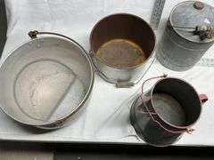 Buckets, gas can & coffee pot