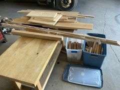 Assorted oak etc wood on table and in totes