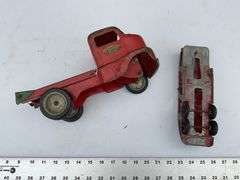 Vintage Tonka truck and Hubley transport trailer