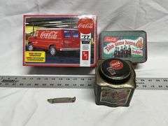 Coca-Cola Ford van model, tins and opener