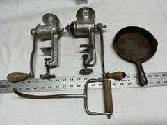 Grinders, meat hook, skillet