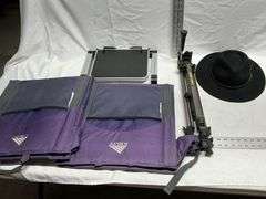 Stadium seats, tripod, hat & laptop desk