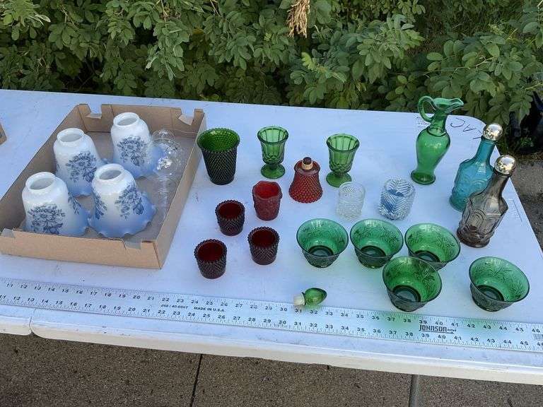 Light shades and colored glassware, etc.