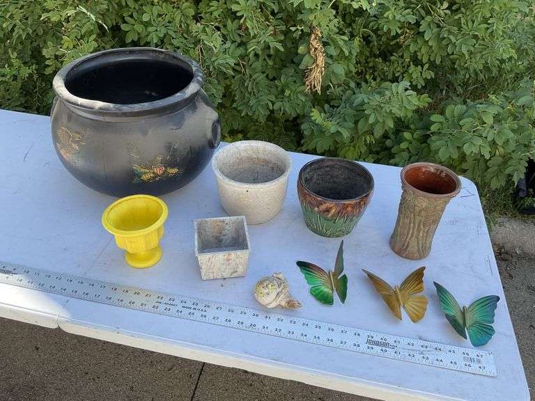 Assorted flower pots etc., large black is plastic