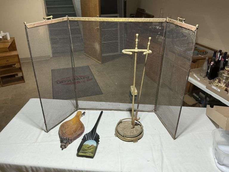 Fireplace tools and bellow, etc.
