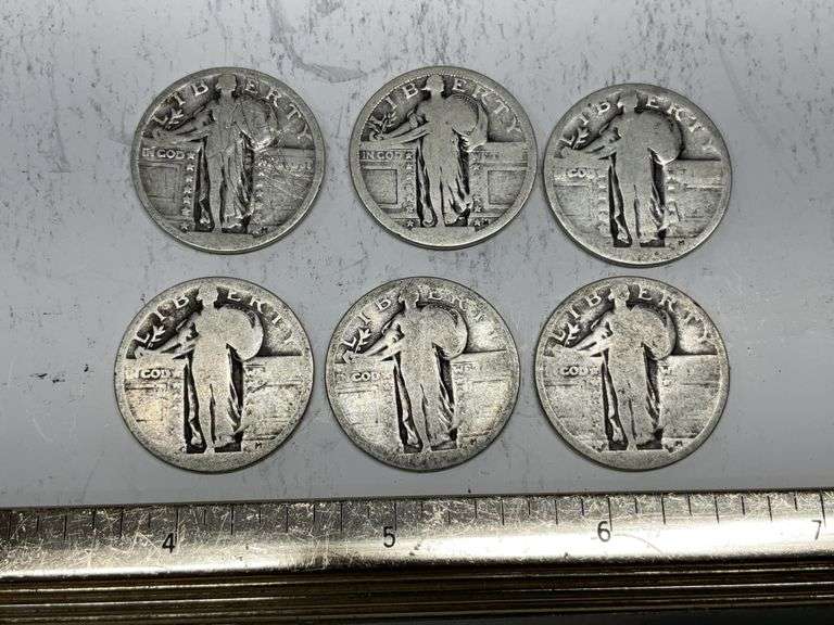 6- standing liberty quarters, worn off dates