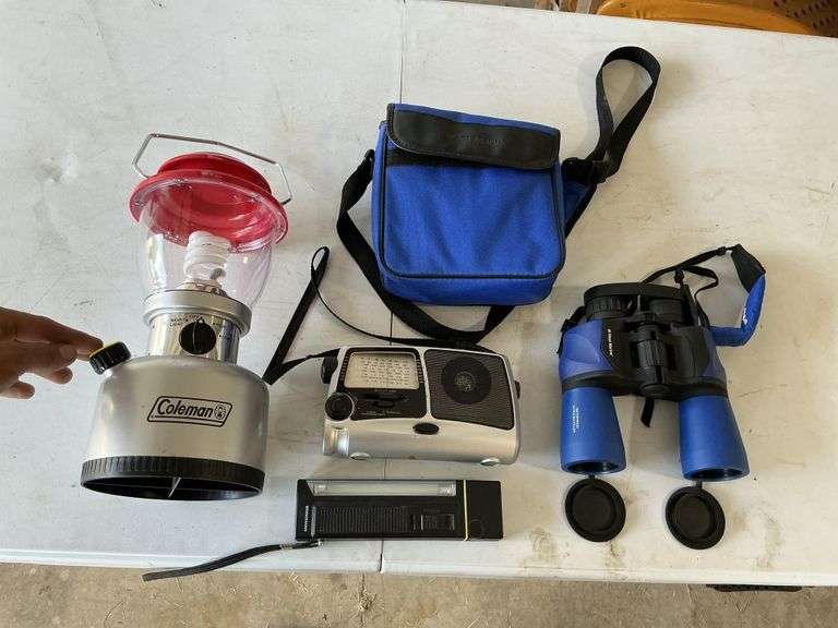 Coleman electric lantern and 7 x 50 binoculars