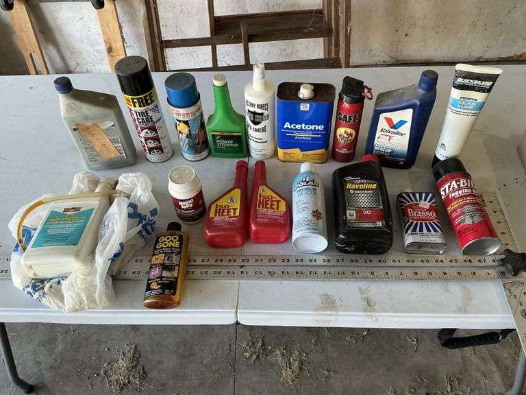 Partial containers of shop fluids and deicer, etc.