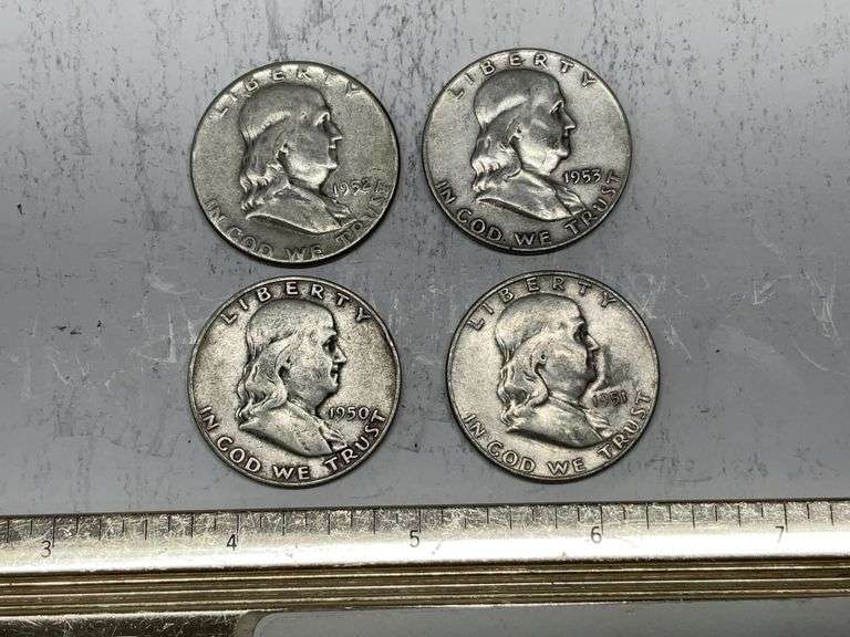 4- Franklin half dollars 1950 D, 51S, 52, 53D