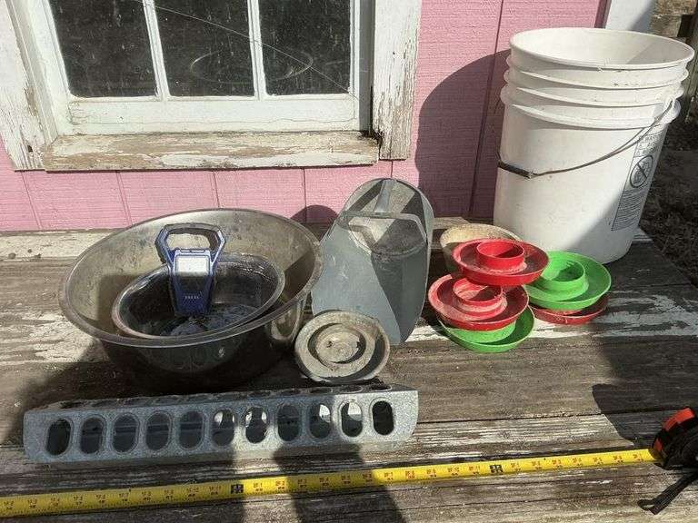 Galvanized feed scoop, stainless steel pans,