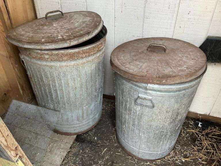 Two galvanized trash cans