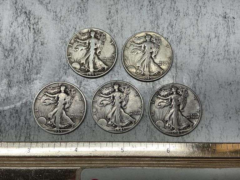 5- walking liberty half dollars