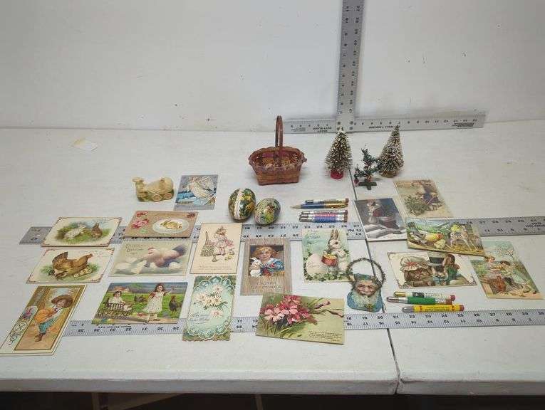 Vintage cards, eggs, pencils, etc