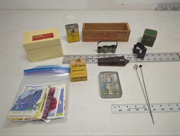 Vintage cookie cutters, box, hat pins, etc