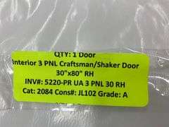 Primed Interior 3 Panel Craftsman/ Shaker Door 30"x80" RH (Unassembled)