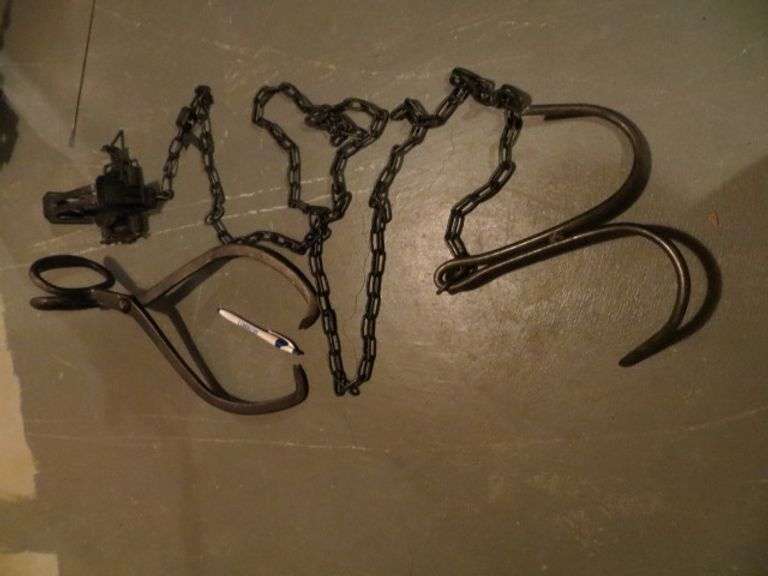 Spring Trap w/ Drag, Ice Tongs - Lambrecht Auction, Inc.