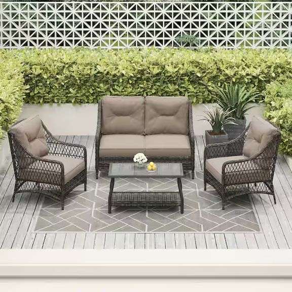 Vasconia Brown 4-Piece Wicker Outdoor Patio Conversation Set With Brown Cushions