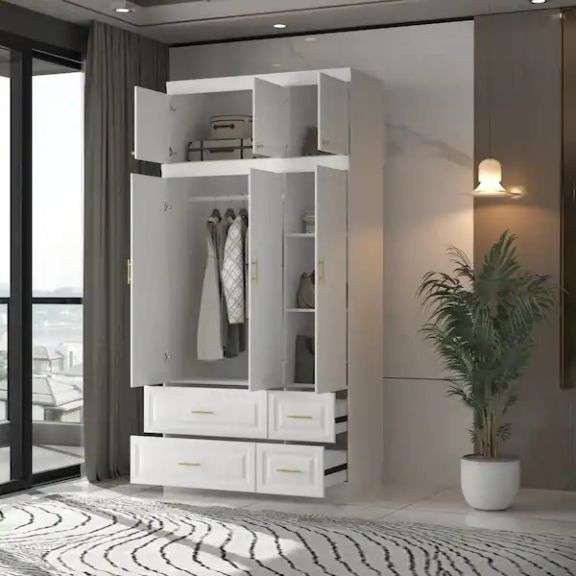 White 6-Door Big Wardrobe Armoires With Hanging Rod, 4-Drawers, Storage Shelves