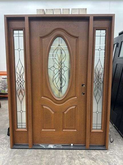 Stained Tan Exterior Fiberglass Deco Door With 2 Side Lites 63 1/2"x81 1/2" LH