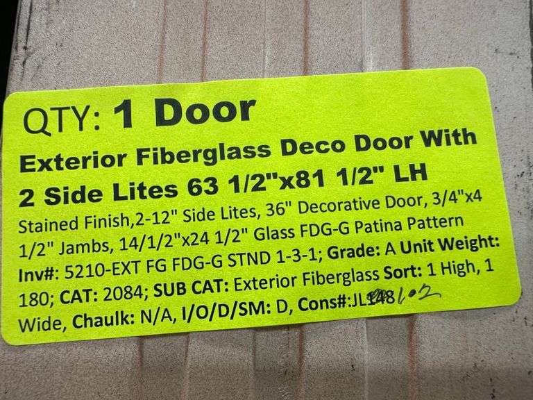 Exterior Fiberglass Deco Door With 2 Side Lites 63 1/2"x81 1/2" LH