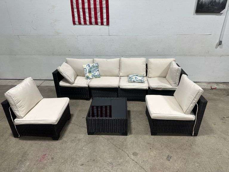 7 Piece Wicker Outdoor Patio Furniture Set - Brown & Beige