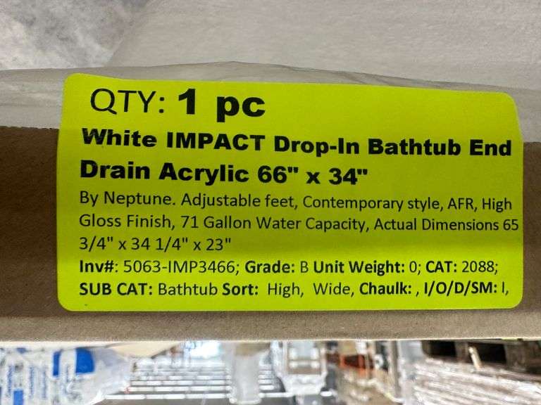 White IMPACT Drop-In Bathtub End Drain Acrylic 66"x34"
