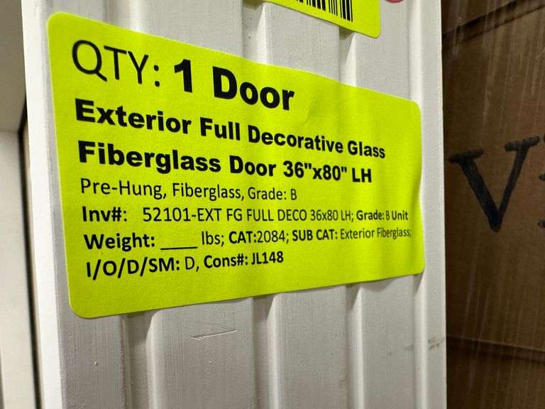 Exterior Full Decorative Glass Fiberglass Door 36"x80" LH