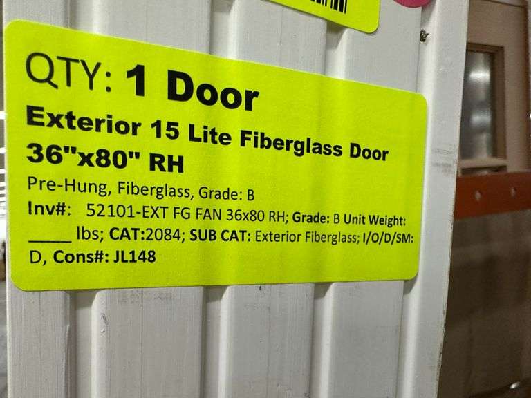 Exterior 15 Lite Fiberglass Door 36"x80" RH