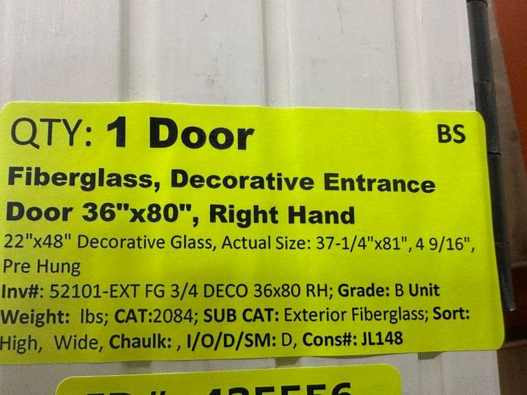 White Fiberglass, Decorative Entrance Door 36"x80", Right Hand