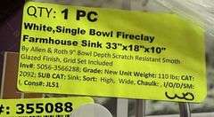 White, Single Bowl Fireclay Farmhouse Sink 33"x18"x10"