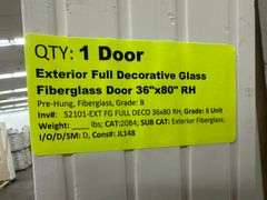 Exterior Full Decorative Glass Fiberglass Door 36"x80" RH