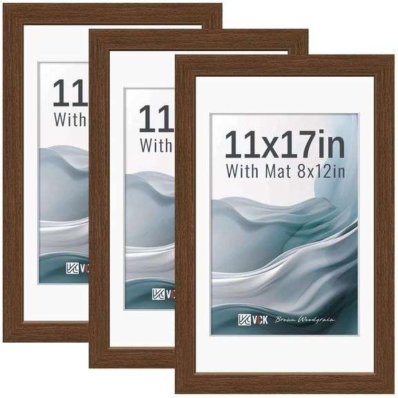 VCK 11x17 Brown Poster Frame 3 Pack, Wood Picture Frame Tempered Glass, Matted to 8x12 or 11x17 with