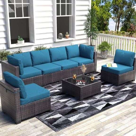7 Piece Wicker Outdoor Patio Furniture Set - Coffee & Peacock