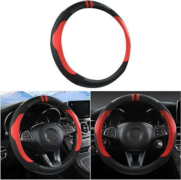 BESULEN Car Steering Wheel Cover, Universal 15 Inch, Carbon Fiber Leather Steering Wheel Cover, Brea