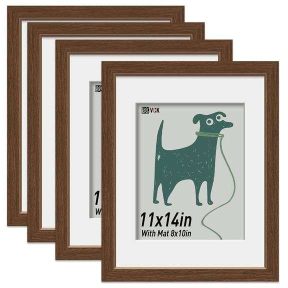 VCK 11x14 Picture Frame, Brown Wood Frames 4 Pack with Tempered Glass, 8x10 Matted for 11x14, for Ho