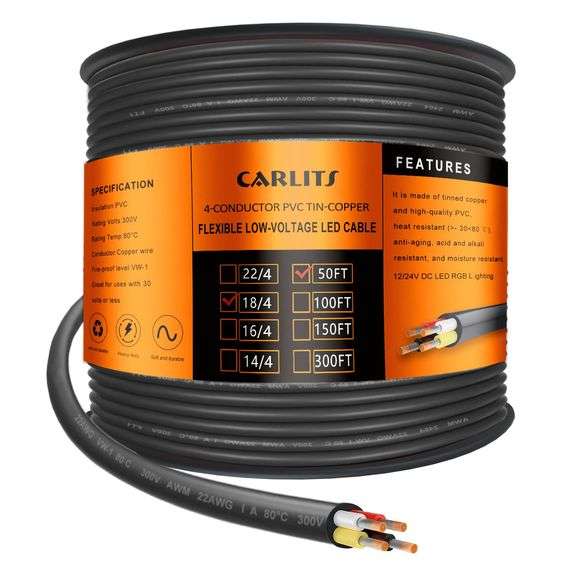 18 Gauge 4 Conductor Electrical Wire, 50FT Black Stranded Low Voltage 18/4 Cable PVC Case, Flexible