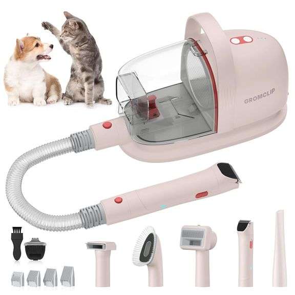 Dog Grooming Kit - 1.8L Pet Hair Remover with 3 Powerful Suction, Quiet Vacuum for Shedding with 6 G