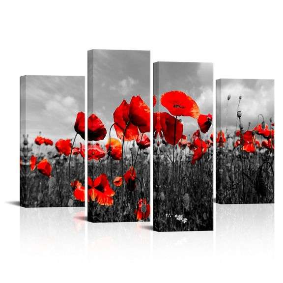 LyerArtork 4 Pieces Poppy Canvas Wall Art Red Flower Floral Pictures Nature Scenery Black and White