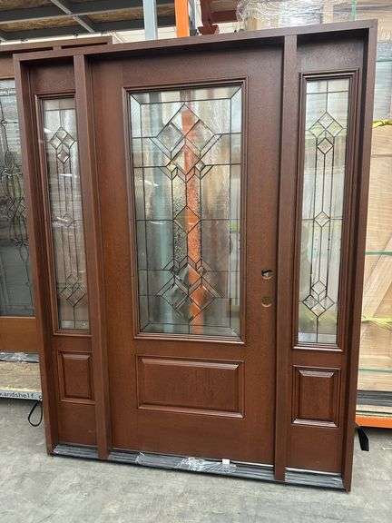 Mahogany Stained Teak Exterior Fiberglass Deco Door With 2 Side Lites 63 1/2"x81 1/2" LH