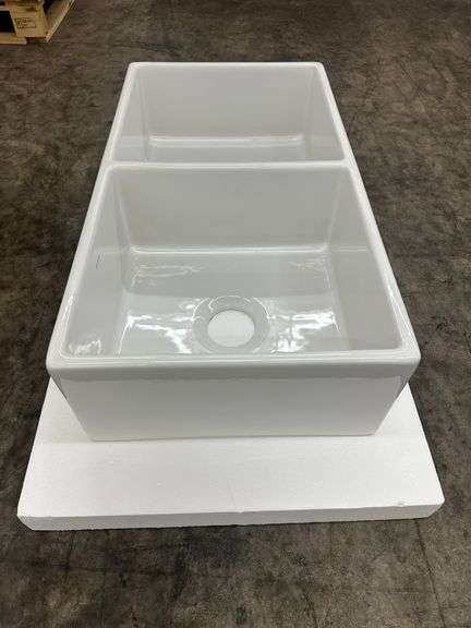 Burnham 33" Farmhouse/Apron-Front Double Bowl White Fireclay Kitchen Sink Only